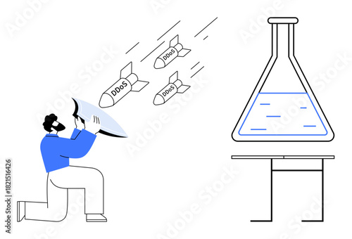 Individual using shield to block incoming DDoS attack missiles targeting technology. Ideal for cyber protection, internet security, risk prevention, digital defense, system threat, research, simple
