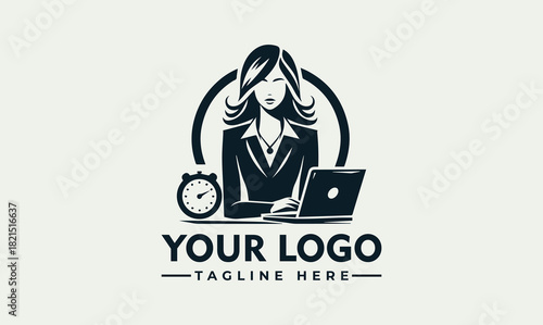 Elegant business woman working on laptop with clock, professional vector logo illustration for corporate identity