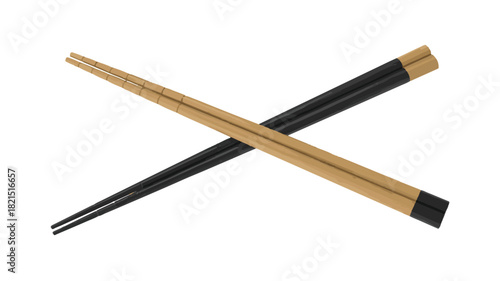 Crossed Wooden Chopsticks with Black Tips on a White Background bamboo