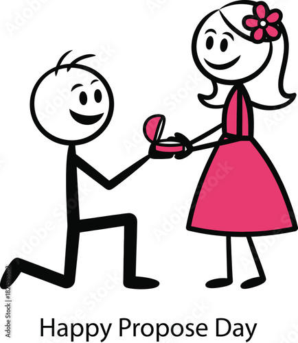 Stick figure couple proposing marriage with ring on happy propose day