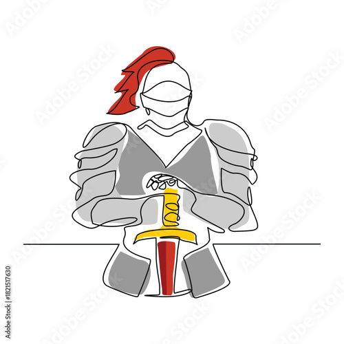 Continuous line sketch drawing of knight warrior sparta armor protection. Single line art of ancient military soldier armor greek roman editable stroke vector illustration
