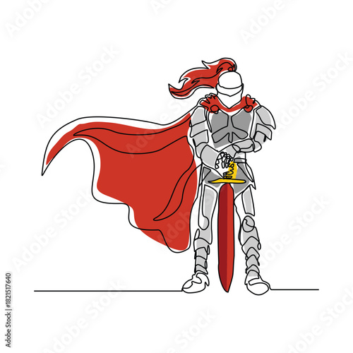 Continuous line sketch drawing of knight warrior sparta armor protection. Single line art of ancient military soldier armor greek roman editable stroke vector illustration