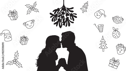 Romantic Christmas kiss under mistletoe with holiday doodles background vector