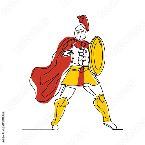 Continuous line sketch drawing of knight warrior sparta armor protection. Single line art of ancient military soldier armor greek roman editable stroke vector illustration