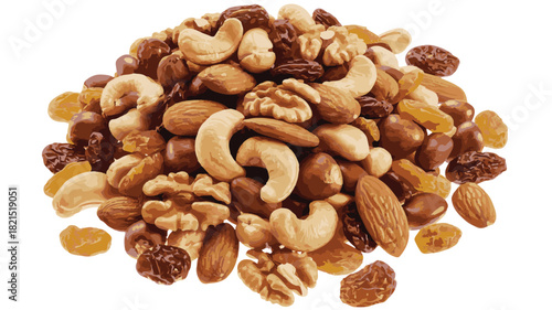 Pile of Mixed Nuts and Dried Fruits Isolated on White Background Keywords: nuts, dried fruit, mixed nuts, cashews, walnuts, almonds, raisins, healthy food, snack, ingredients