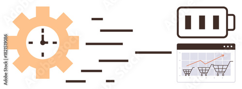 Gear with clock symbolizing automation, battery indicating energy, and browser with cart growth chart. Ideal for technology, e-commerce, efficiency, optimization, productivity, analytics progress