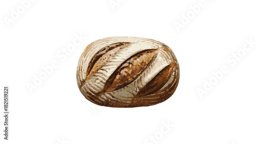 Round Sourdough Bread Loaf with Scoring on White Background Keywords: bread, sourdough, loaf, round, baked, crusty, artisanal, bakery, food, ingredients, cooking, baking