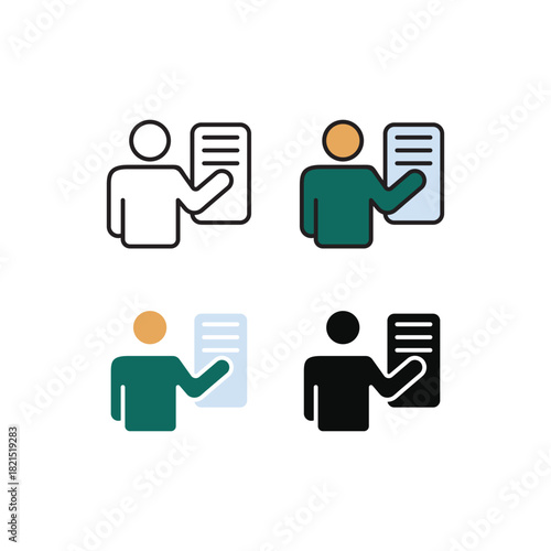 Modern presentation and instruction icon set in line, flat, color line, and solid styles. Perfect for training, teaching, workshop guides, business education, and visual communication projects.
