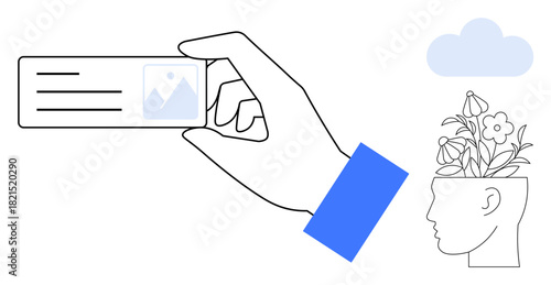 Hand holding ID card beside profile silhouette with flowers sprouting symbolizing growth, identity, and creative thinking. Ideal for concepts thumbs up self-expression, mental health, innovation