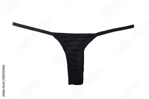 Women's sexy black thong panties on a white background. 