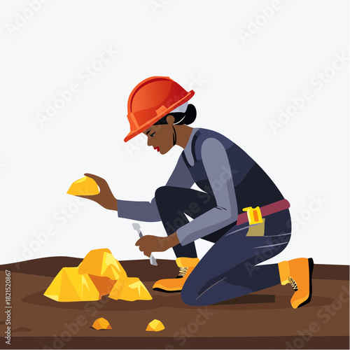 Female miner carefully examines newly discovered gold nuggets in a mine, showcasing the hard work and dedication of women in the mining industry.