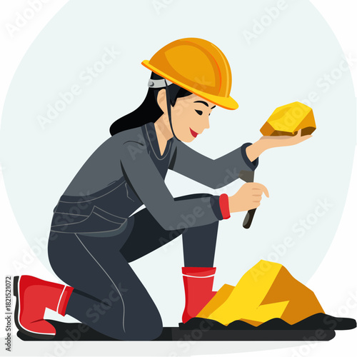 Smiling female miner examining a gold nugget at a mine site, wearing a hard hat and red boots, depicting the excitement of a successful discovery.