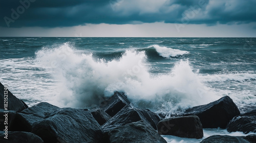 Powerful Ocean Waves Crashing on Rocks During Storm – Dramatic Seascape and Nature Force Concep