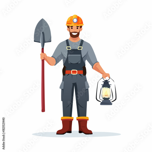 Smiling miner stands confidently holding a shovel and lantern in a mine, ready for work with a positive and determined attitude.