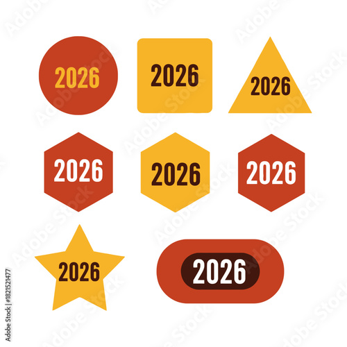 Various shapes displaying the year 2026 in different colors, representing future events.