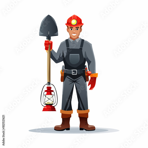 Smiling coal miner holding shovel and lantern standing in front of mine entrance, ready to start his workday with determination.