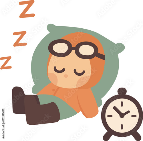 Cozy Cartoon Character Snoozing Soundly Near Alarm Clock