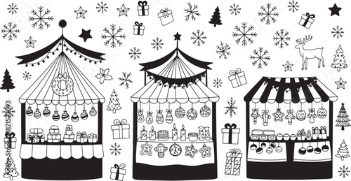 Whimsical Christmas market doodle illustration for festive season designs