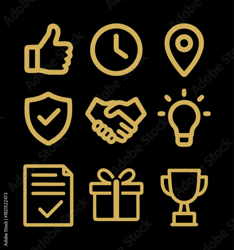 Minimalist Golden Line Icons on Black Background, Business and Service Symbols Collection