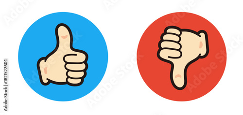 評価のマーク。親指を立てたアイコン、親指を下げたアイコン。漫画風のグッドサイン。