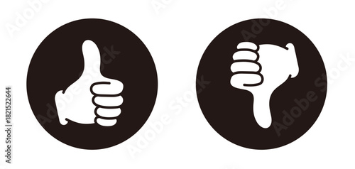 評価のマーク。親指を立てたアイコン、親指を下げたアイコン。漫画風のグッドサイン。