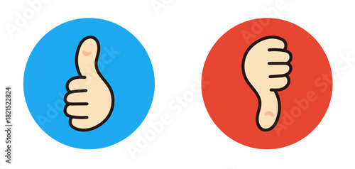 評価のマーク。親指を立てたアイコン、親指を下げたアイコン。漫画風のグッドサイン。