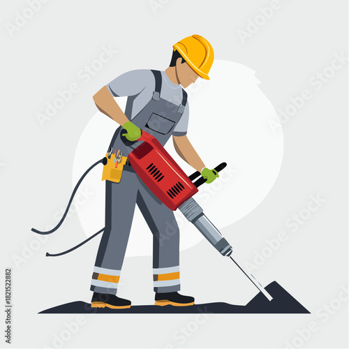 Construction worker operating jackhammer on asphalt road during daytime, showcasing hard labor and infrastructure maintenance.