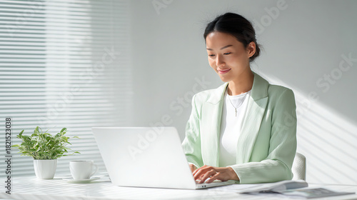 Young Asian woman working on laptop with smile in bright office