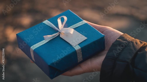 Hand holding a blue gift box with a ribbon and tag, ready to be given as a present for a special occasion