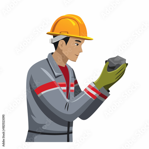 Miner inspects rock sample at a mine, carefully examining the mineral composition and quality under the soft light, showcasing the precision required in mining.