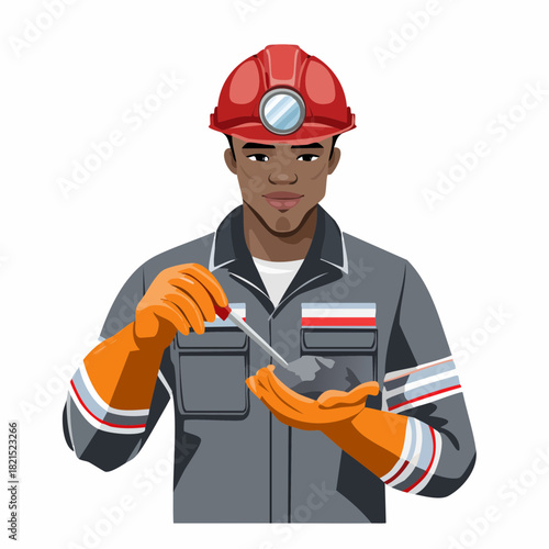Miner carefully examines a sample with a pipette in a welllit laboratory, ensuring quality control and safety in the mining industry.