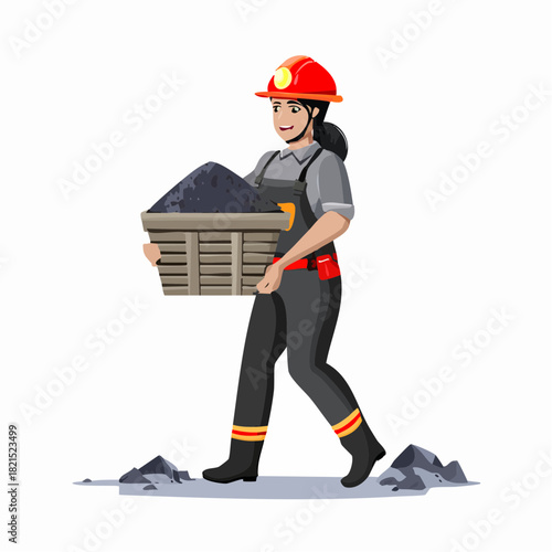 Smiling female miner carrying heavy basket of coal through dark mine shaft, showcasing hard work and dedication in challenging industrial environment.