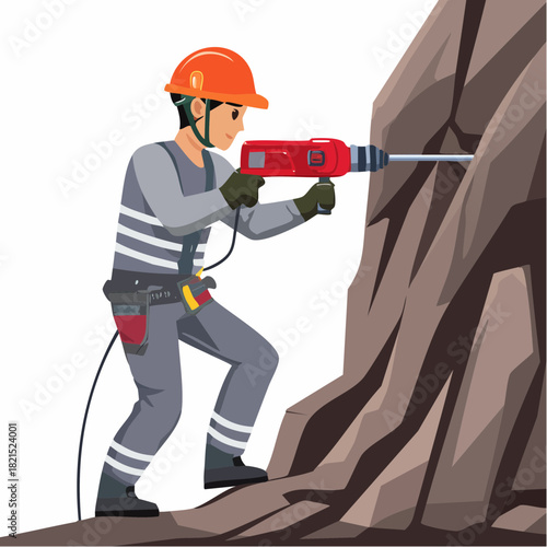 Miner drilling into rock face with a power drill in a quarry, wearing safety helmet and work clothes, showcasing hard labor and industrial work.