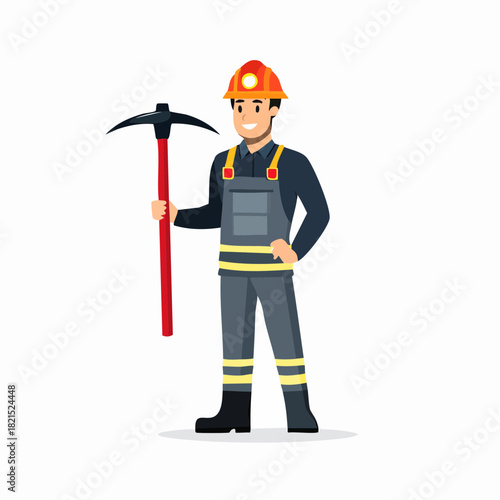 Smiling miner holds pickaxe in underground mine, wearing helmet and overalls, ready for hard work in challenging environment.