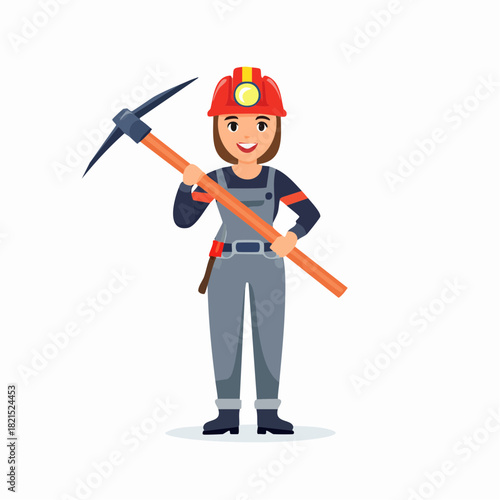 Smiling female miner holding pickaxe in bright mine, wearing protective gear and looking confident, showcasing strength and determination.