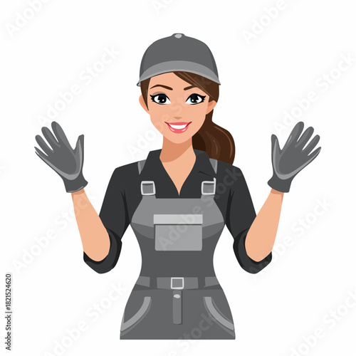 Smiling female mechanic in gray uniform gesturing with open hands in a welcoming manner on a white backdrop, conveying a friendly and approachable vibe.