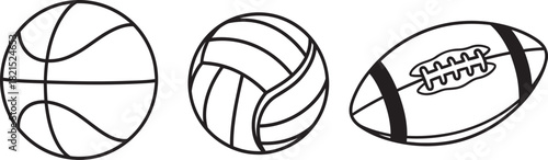 Hand drawn sports balls basketball volleyball and american football illustration