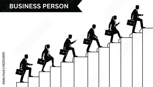 Business People Silhouettes Climbing Staircase Ladder to Success Career Growth Development Progress Challenge Achievement Motivation Vector Illustration Icon