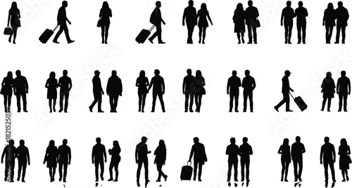 Set of People Silhouettes Walking Traveling in Pairs with Suitcases Luggage Couple Friends Relationship Travel Leisure Public Life Vector Collection