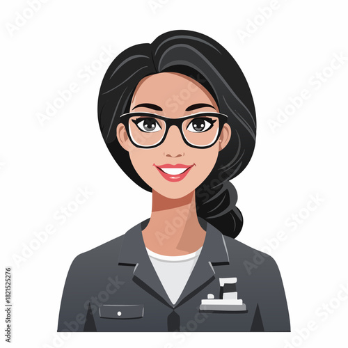 Smiling businesswoman wearing glasses poses in professional office setting, radiating confidence and success.