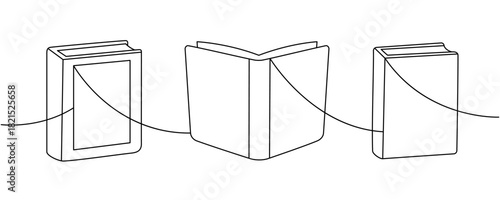 Minimalist contour drawing of books connected with a flowing single line