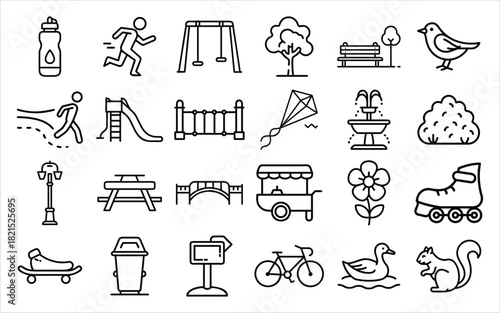 Collection of park and outdoor activity icons in a doodle style