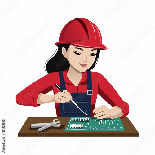 Female technician soldering circuit board on workbench in workshop, demonstrating precision and skill in electronics repair, highlighting technical expertise.