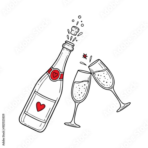 Romantic celebration illustration featuring a heart-decorated sparkling wine bottle uncorking with delightful bubbles, alongside two elegant flutes making a joyful toast for special occasions