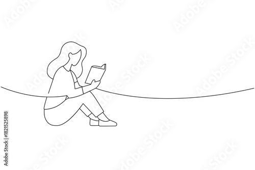 Sitting woman reading book in outline drawing style. Calm posture and minimalist educational theme