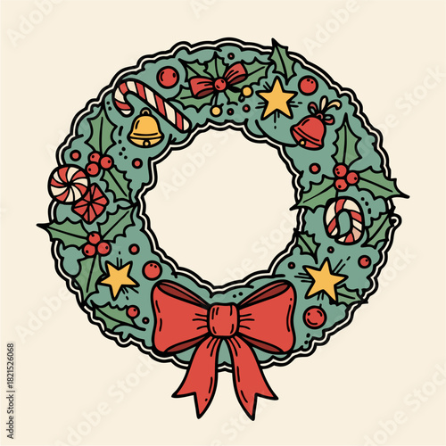 Festive Christmas Wreath Illustration with Holly, Candy Canes, and Bow for Holiday Decorations