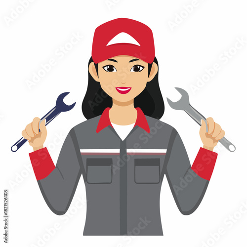 Smiling female mechanic holding wrenches in garage wearing uniform and cap, ready to repair vehicles with confidence and expertise.