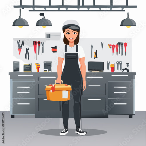 Smiling female mechanic holding toolbox in workshop surrounded by tools and equipment, showcasing her expertise and dedication to automotive repair.