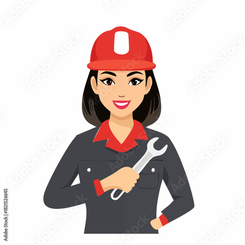 Smiling female mechanic holding wrench standing confidently in workshop ready to fix machinery with professional attitude and positive energy.