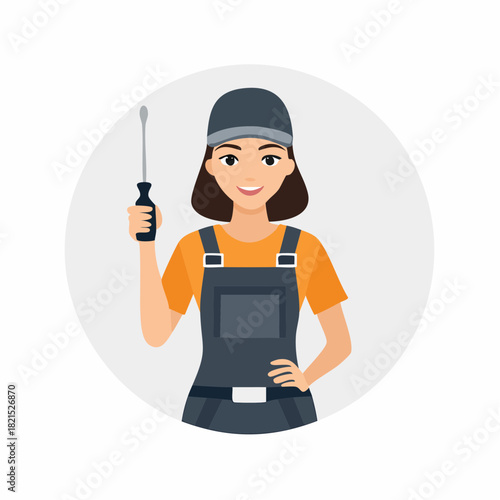 Smiling female mechanic holding screwdriver in workshop, ready to fix machinery with expertise and confidence, showcasing skilled labor and professionalism.
